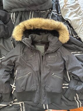 TNA Black Fur-Trim Hooded Bomber Jacket